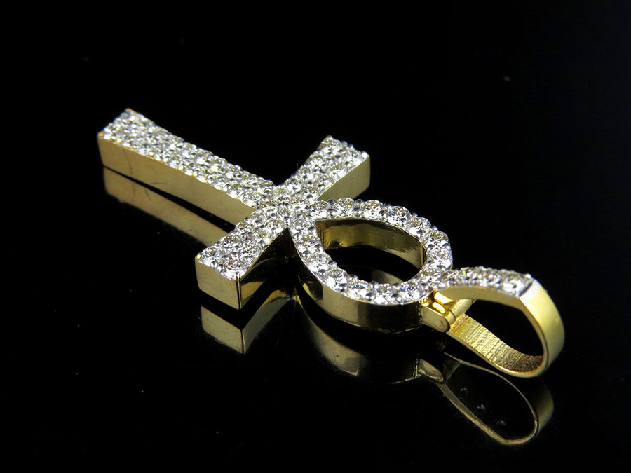 10K Yellow Gold Two Row Real Diamond Ankh Cross Pendant 1.75CT 1.7