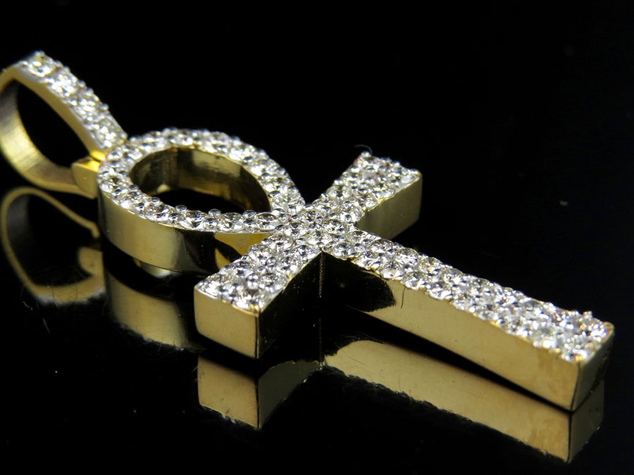 10K Yellow Gold Two Row Real Diamond Ankh Cross Pendant 1.75CT 1.7
