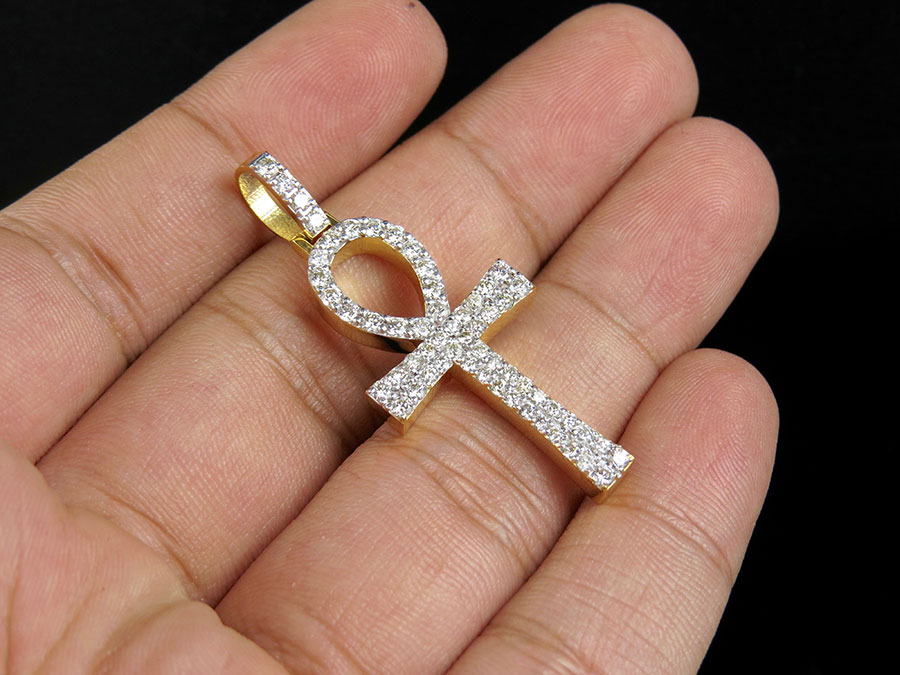 10K Yellow Gold Two Row Real Diamond Ankh Cross Pendant 1.75CT 1.7