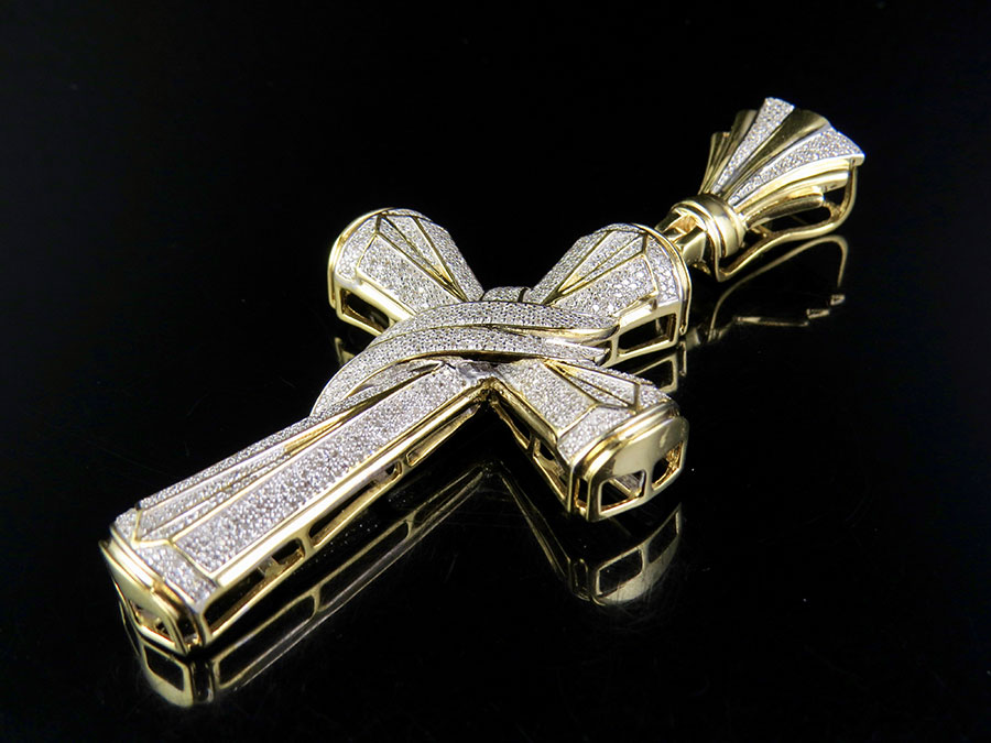 Men's 10K Yellow Gold Genuine Diamond Drape Cross Pendant Charm 3 Ct 3