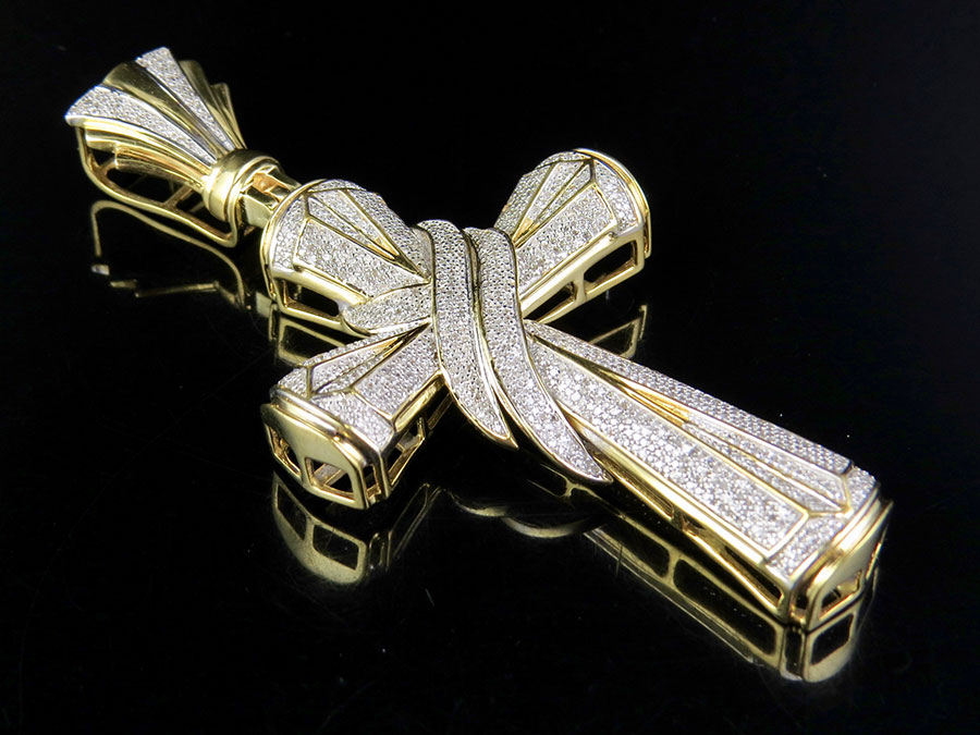 Men's 10K Yellow Gold Genuine Diamond Drape Cross Pendant Charm 3 Ct 3