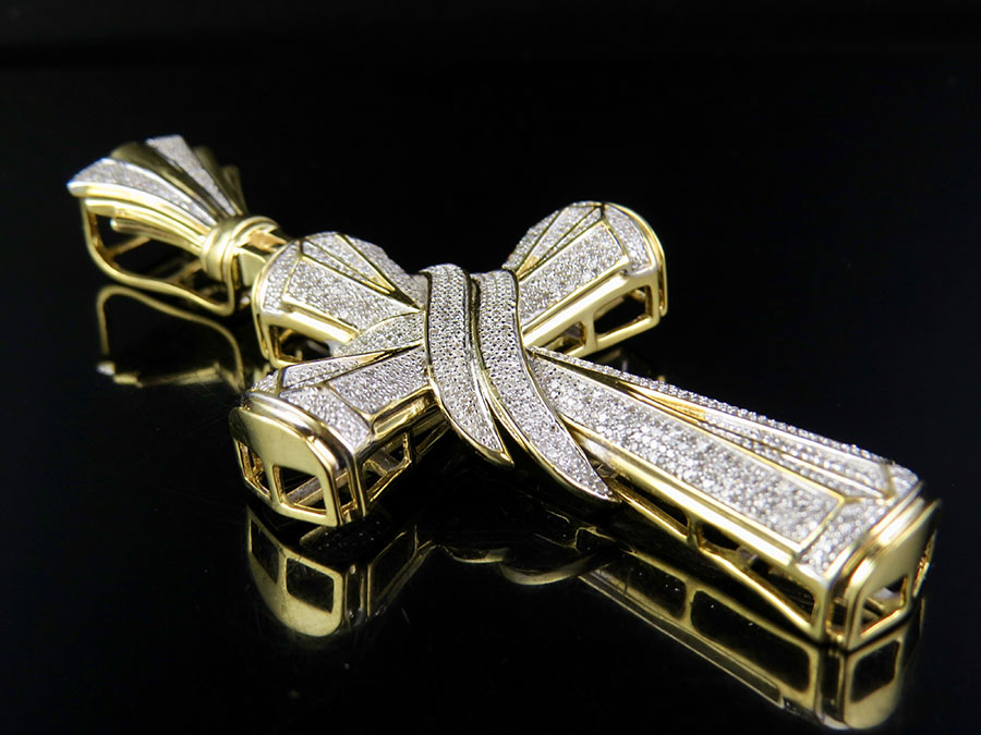 Men's 10K Yellow Gold Genuine Diamond Drape Cross Pendant Charm 3 Ct 3