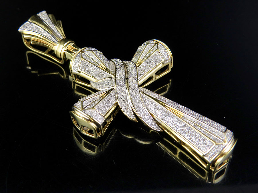Men's 10K Yellow Gold Genuine Diamond Drape Cross Pendant Charm 3 Ct 3