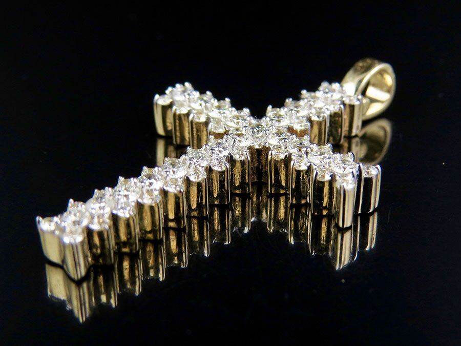 10K Yellow Gold Diamond Jagged Edge Solitaire Cross Pendant 1.95 Ct 1.75