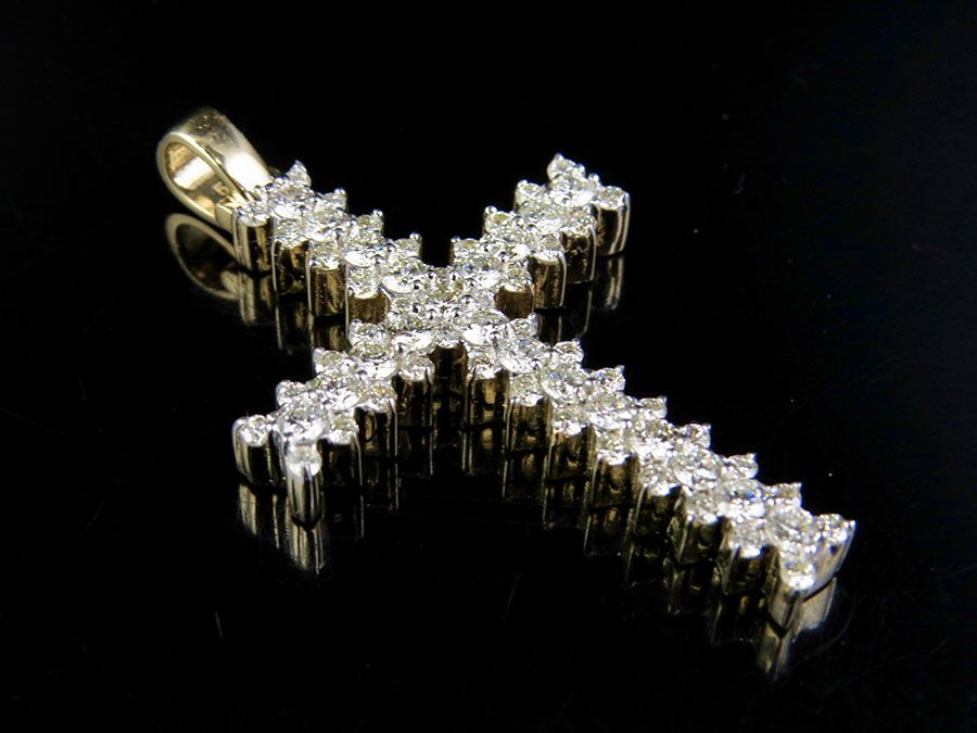 10K Yellow Gold Diamond Jagged Edge Solitaire Cross Pendant 1.95 Ct 1.75
