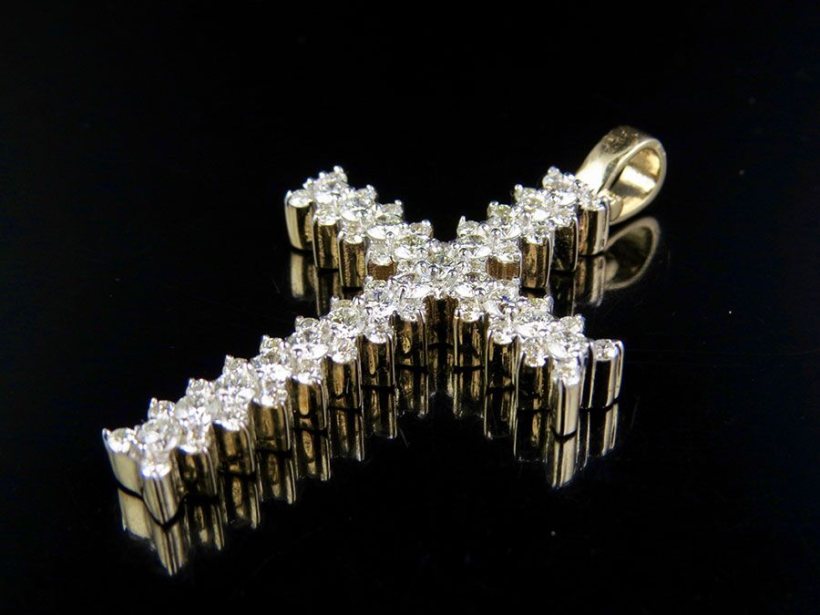 10K Yellow Gold Diamond Jagged Edge Solitaire Cross Pendant 1.95 Ct 1.75