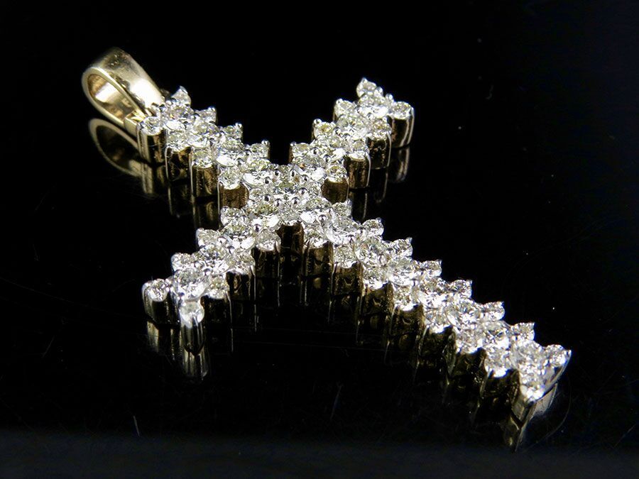 10K Yellow Gold Diamond Jagged Edge Solitaire Cross Pendant 1.95 Ct 1.75