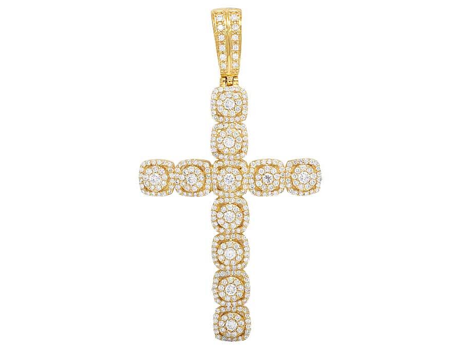 10K Yellow Gold Real Diamond Square Cluster Cross Pendant 2.5 CT 2.5