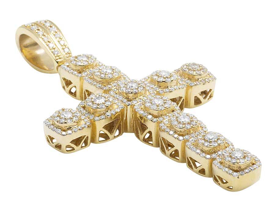 10K Yellow Gold Real Diamond Square Cluster Cross Pendant 2.5 CT 2.5