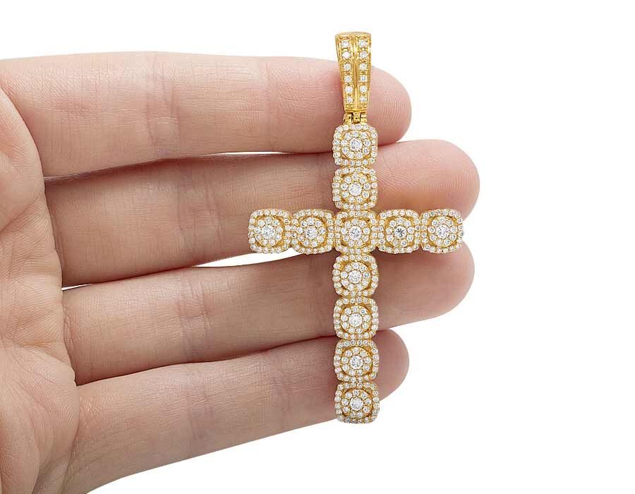 10K Yellow Gold Real Diamond Square Cluster Cross Pendant 2.5 CT 2.5