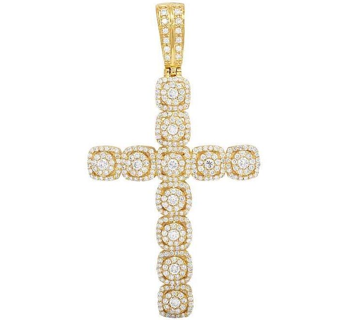 10K Yellow Gold Real Diamond Square Cluster Cross Pendant 2.5 CT 2.5