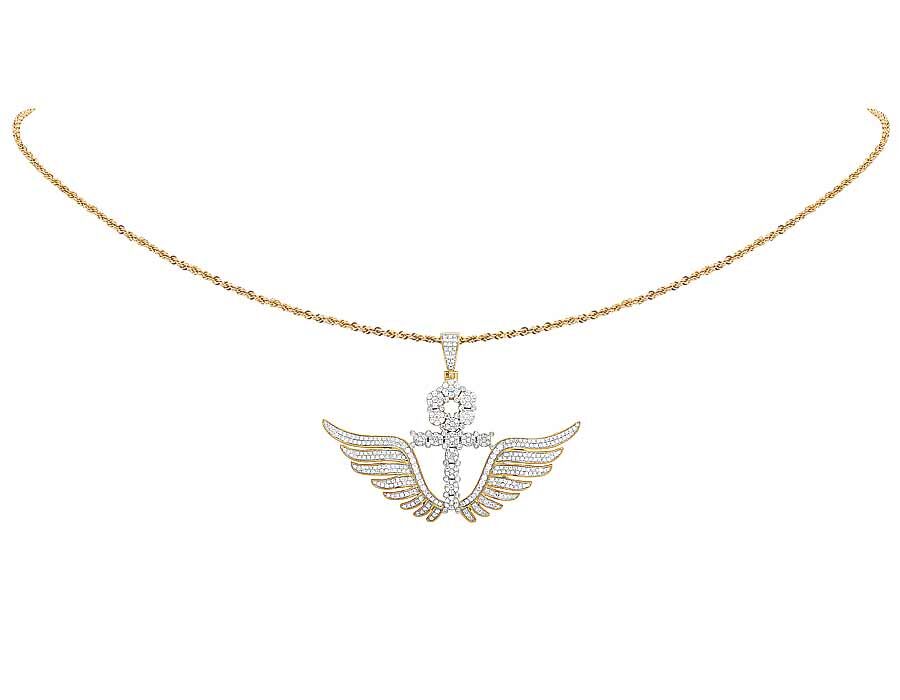 10K Yellow Gold Diamond Wing Ankh Cross Pendant 3.25 Ct 2.1