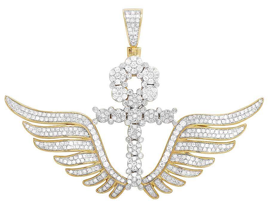 10K Yellow Gold Diamond Wing Ankh Cross Pendant 3.25 Ct 2.1