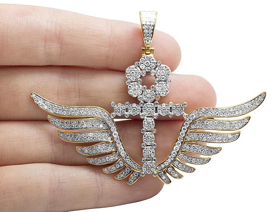 10K Yellow Gold Diamond Wing Ankh Cross Pendant 3.25 Ct 2.1