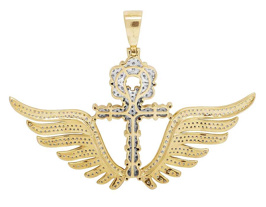 10K Yellow Gold Diamond Wing Ankh Cross Pendant 3.25 Ct 2.1