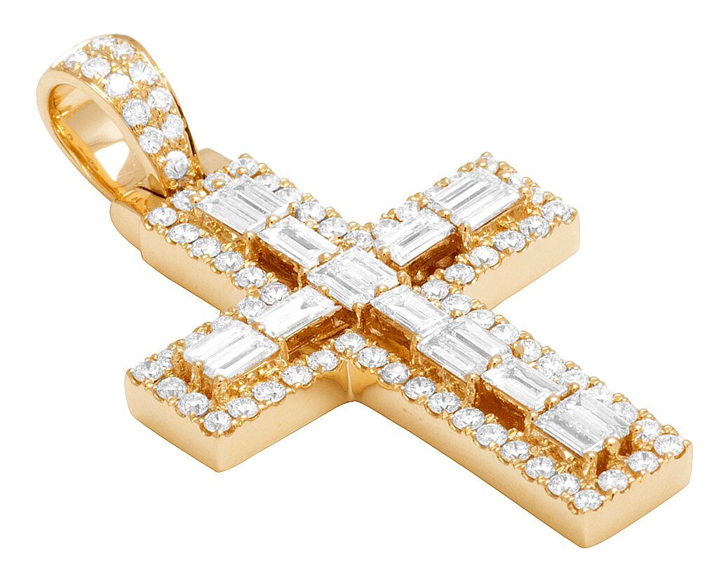 Solid 14K Yellow Gold Baguette Diamond Designer Cross Pendant 2.5 CT 1.5