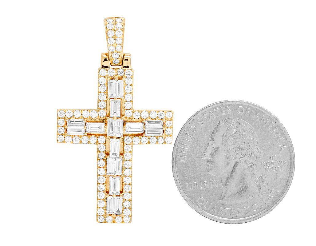 Solid 14K Yellow Gold Baguette Diamond Designer Cross Pendant 2.5 CT 1.5