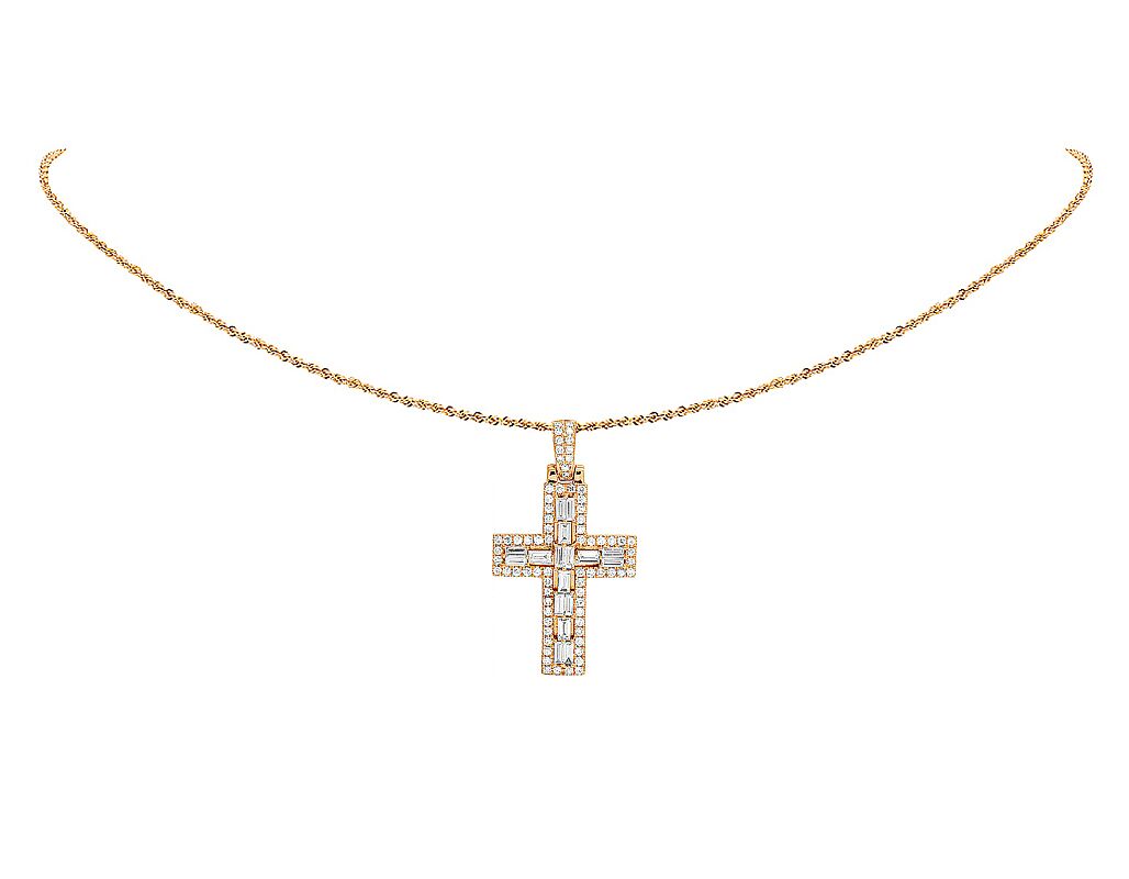 Solid 14K Yellow Gold Baguette Diamond Designer Cross Pendant 2.5 CT 1.5