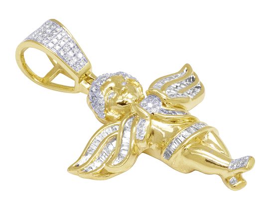 10K Yellow Gold Real Diamond Angel Baguette Wing Pendant 1.6