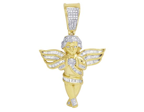 10K Yellow Gold Real Diamond Angel Baguette Wing Pendant 1.6