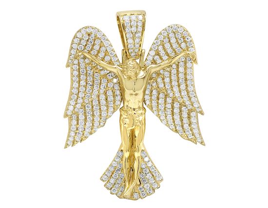 Yellow Gold Angel Wings Crucifix Jesus 1.95CT Diamond Pendant 1.6
