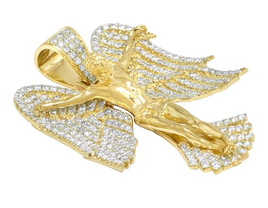 Yellow Gold Angel Wings Crucifix Jesus 1.95CT Diamond Pendant 1.6