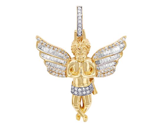 Baguette Winged Angel Praying Hands Diamond Pendant 1.2CT 10K Yellow Gold 1.8