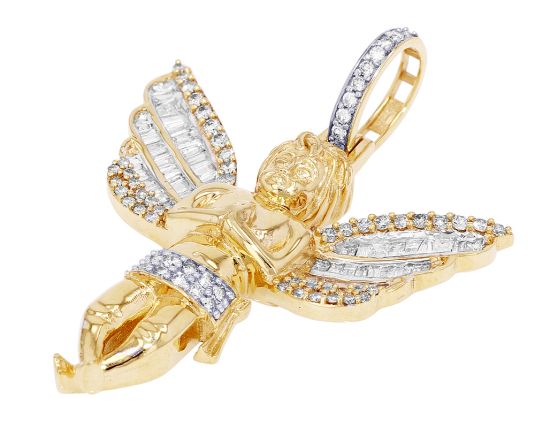 Baguette Winged Angel Praying Hands Diamond Pendant 1.2CT 10K Yellow Gold 1.8